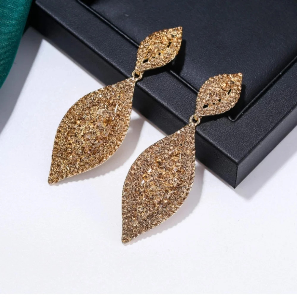 Flyonce Rhinestone Crystal Wedding Bridal 2 Leaf Drop Dangle Chandelier earrings